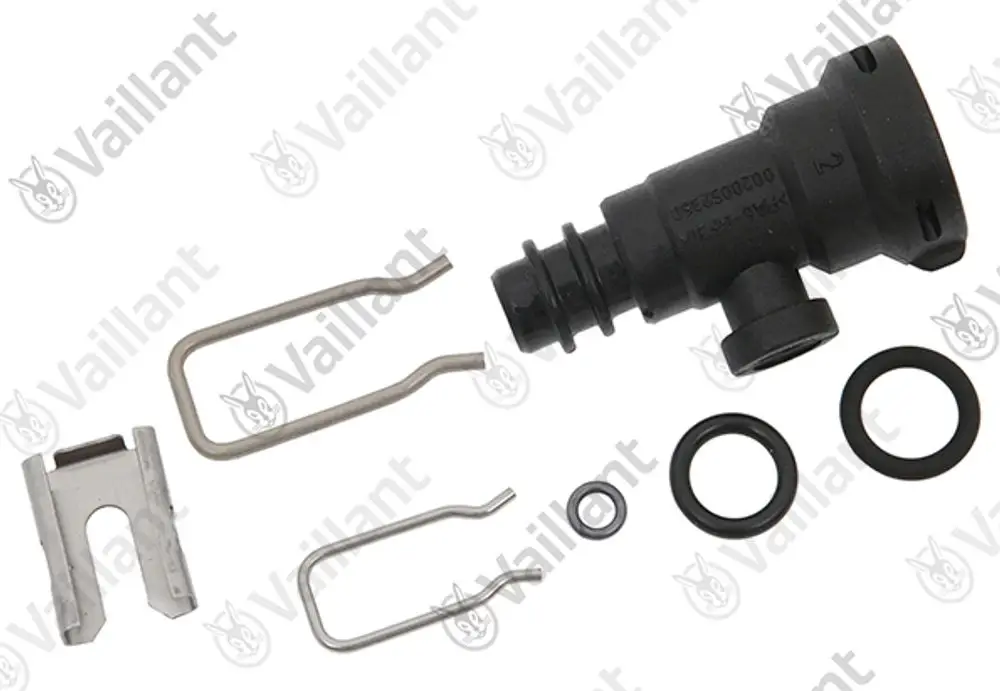 Vaillant Adapter mit einem schwarzen Kunststoffteil, zwei Federclips, einem Metallelement und verschiedenen O-Ringen in schwarz.